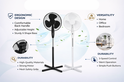 16 Inch Oscillating Stand Fan with cross leg Base | 3 Speed Silent Pedestal Fan | White & Black | 40cm UK Plug