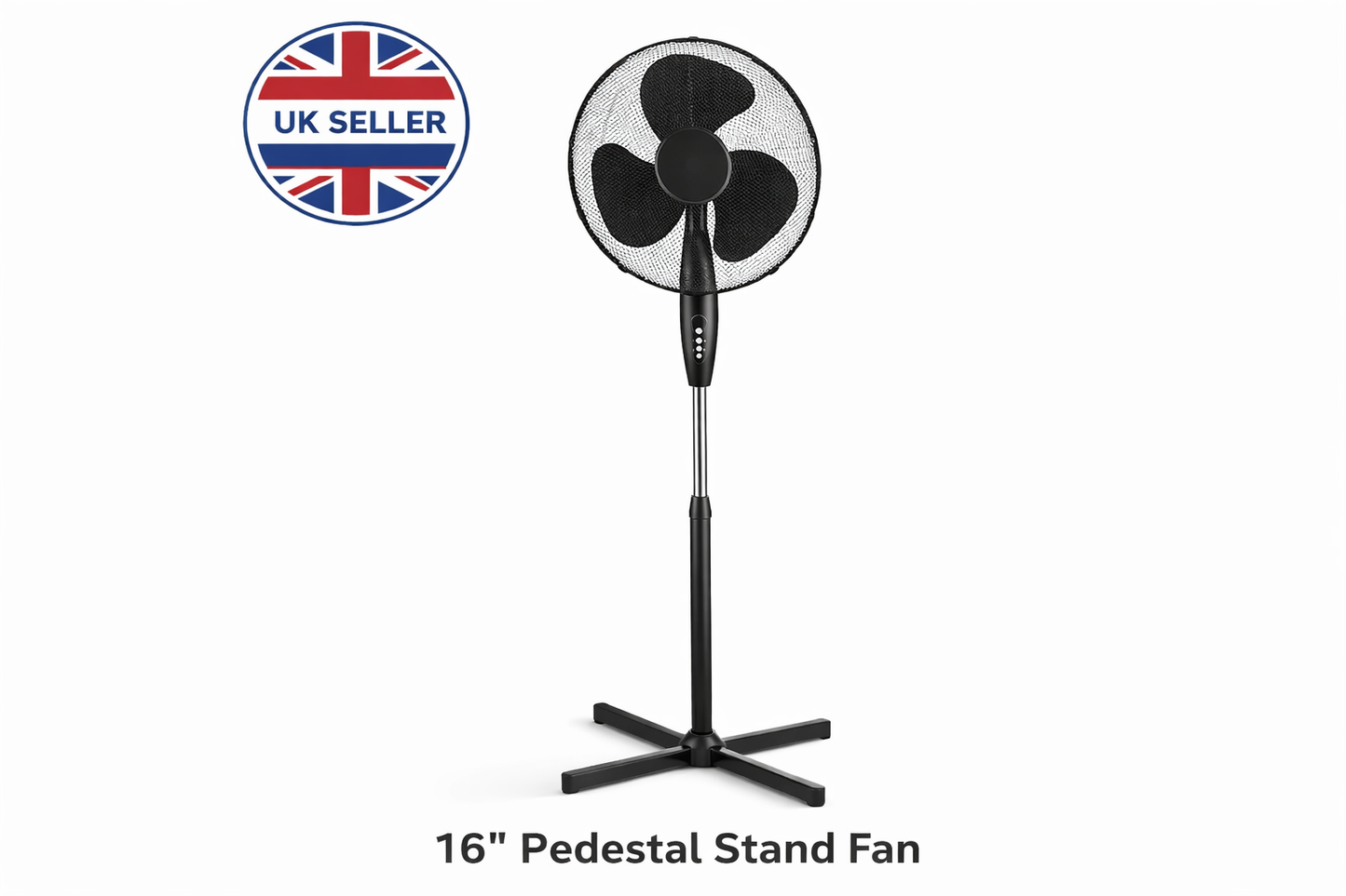 16 Inch Oscillating Stand Fan with cross leg Base | 3 Speed Silent Pedestal Fan | White & Black | 40cm UK Plug