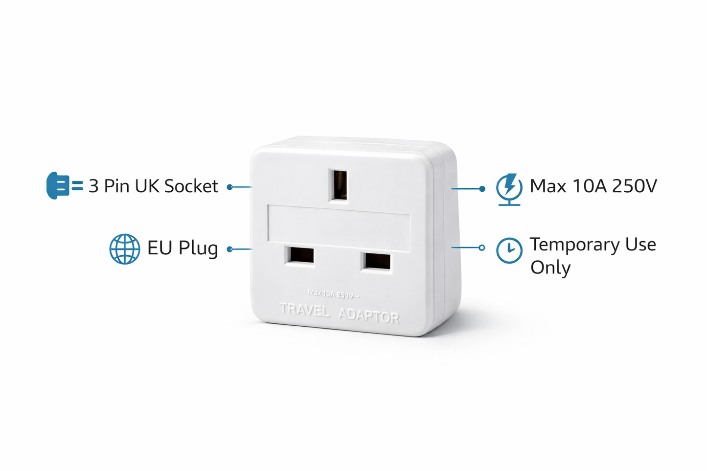 Pack of 1 and 2 EU Travel Plug Adaptor – UK 3 Pin to European 2 Round Pin Socket 10A 250V Holiday Travel Adaptor for Europe