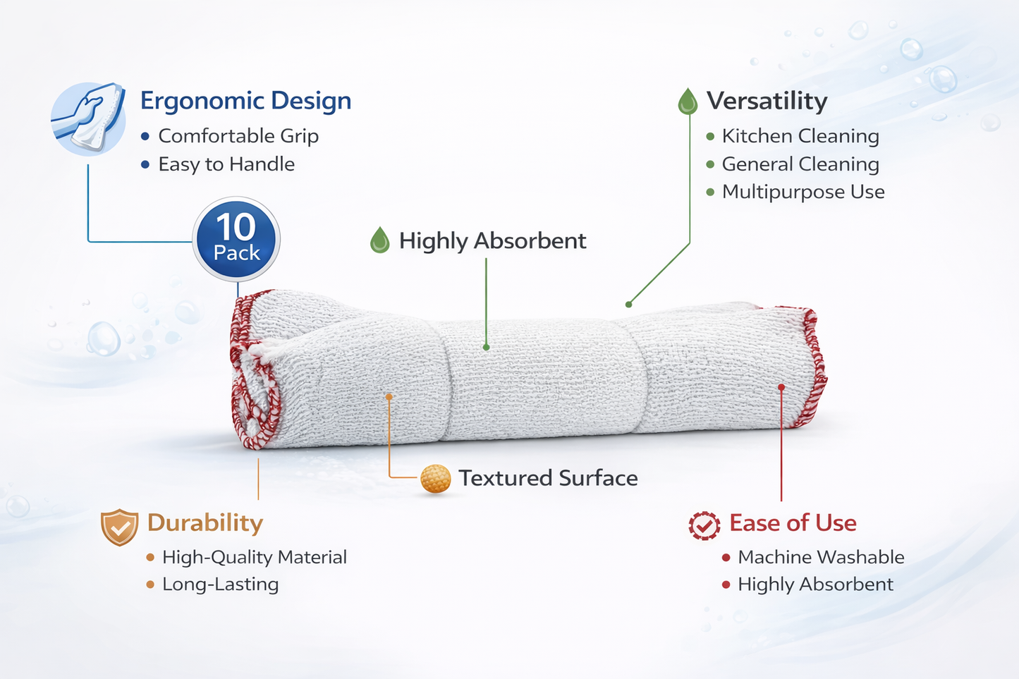 Dish Cloths Pack of 10 | White Cotton Mesh | Red Border | Machine Washable | Kitchen Cleaning