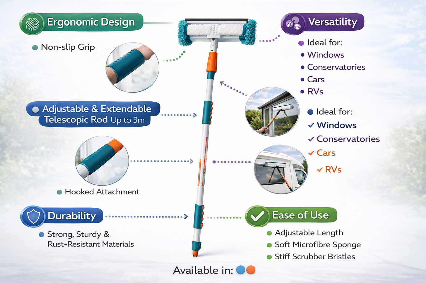 2M Telescopic Water Fed Cleaning Brush – Extendable Pole Soft Mop Head for Car Van Truck Window Conservatory Boat Decking