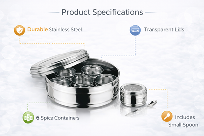 Stainless Steel Spice Canister Set 9 Piece – Round Masala Dabba with 7 Spice Bowls Transparent Lid and Spoon Indian Spice Tin