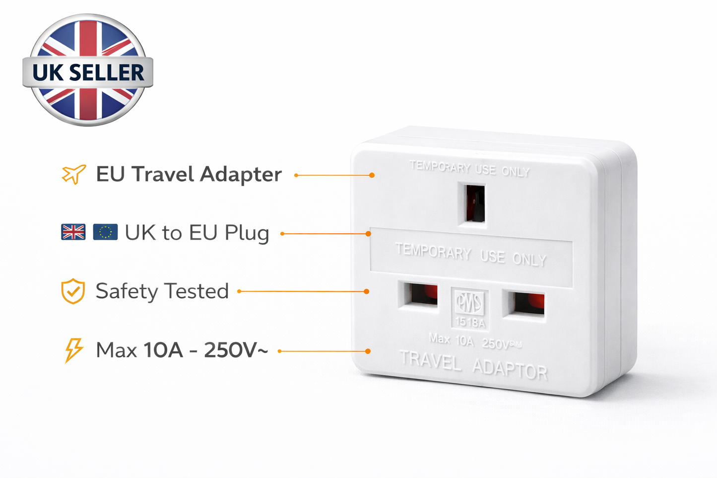 Pack of 1 and 2 EU Travel Plug Adaptor – UK 3 Pin to European 2 Round Pin Socket 10A 250V Holiday Travel Adaptor for Europe