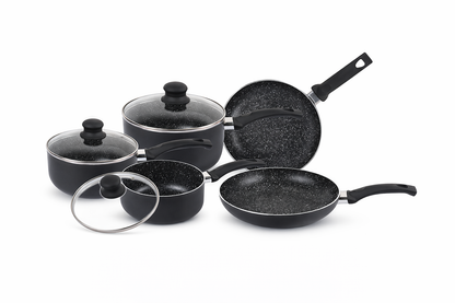 8 Piece Aluminium Cookware Set – Black Marble Effect Non-Stick, Induction Base, 16CM 18CM 20CM Saucepans with Lids, 20CM & 24CM Frying Pans – Matt Black, 2.5MM, Silicone Handles