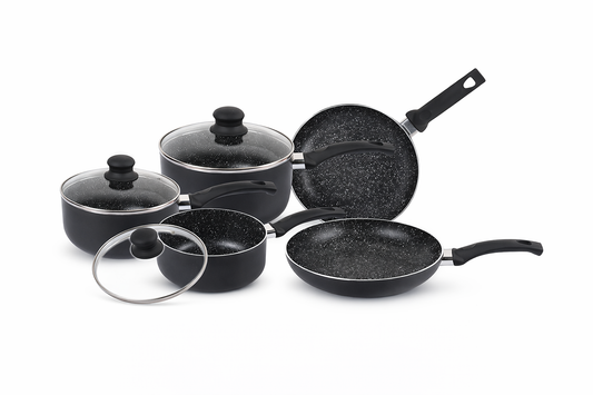 8 Piece Aluminium Cookware Set – Black Marble Effect Non-Stick, Induction Base, 16CM 18CM 20CM Saucepans with Lids, 20CM & 24CM Frying Pans – Matt Black, 2.5MM, Silicone Handles
