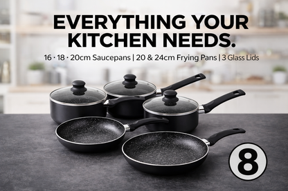 8 Piece Aluminium Cookware Set – Black Marble Effect Non-Stick, Induction Base, 16CM 18CM 20CM Saucepans with Lids, 20CM & 24CM Frying Pans – Matt Black, 2.5MM, Silicone Handles