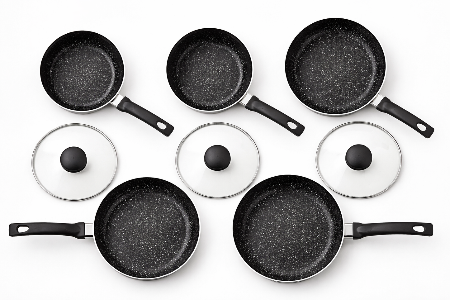 8 Piece Aluminium Cookware Set – Black Marble Effect Non-Stick, Induction Base, 16CM 18CM 20CM Saucepans with Lids, 20CM & 24CM Frying Pans – Matt Black, 2.5MM, Silicone Handles