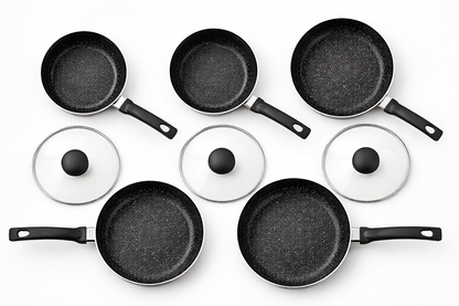 8 Piece Aluminium Cookware Set – Black Marble Effect Non-Stick, Induction Base, 16CM 18CM 20CM Saucepans with Lids, 20CM & 24CM Frying Pans – Matt Black, 2.5MM, Silicone Handles
