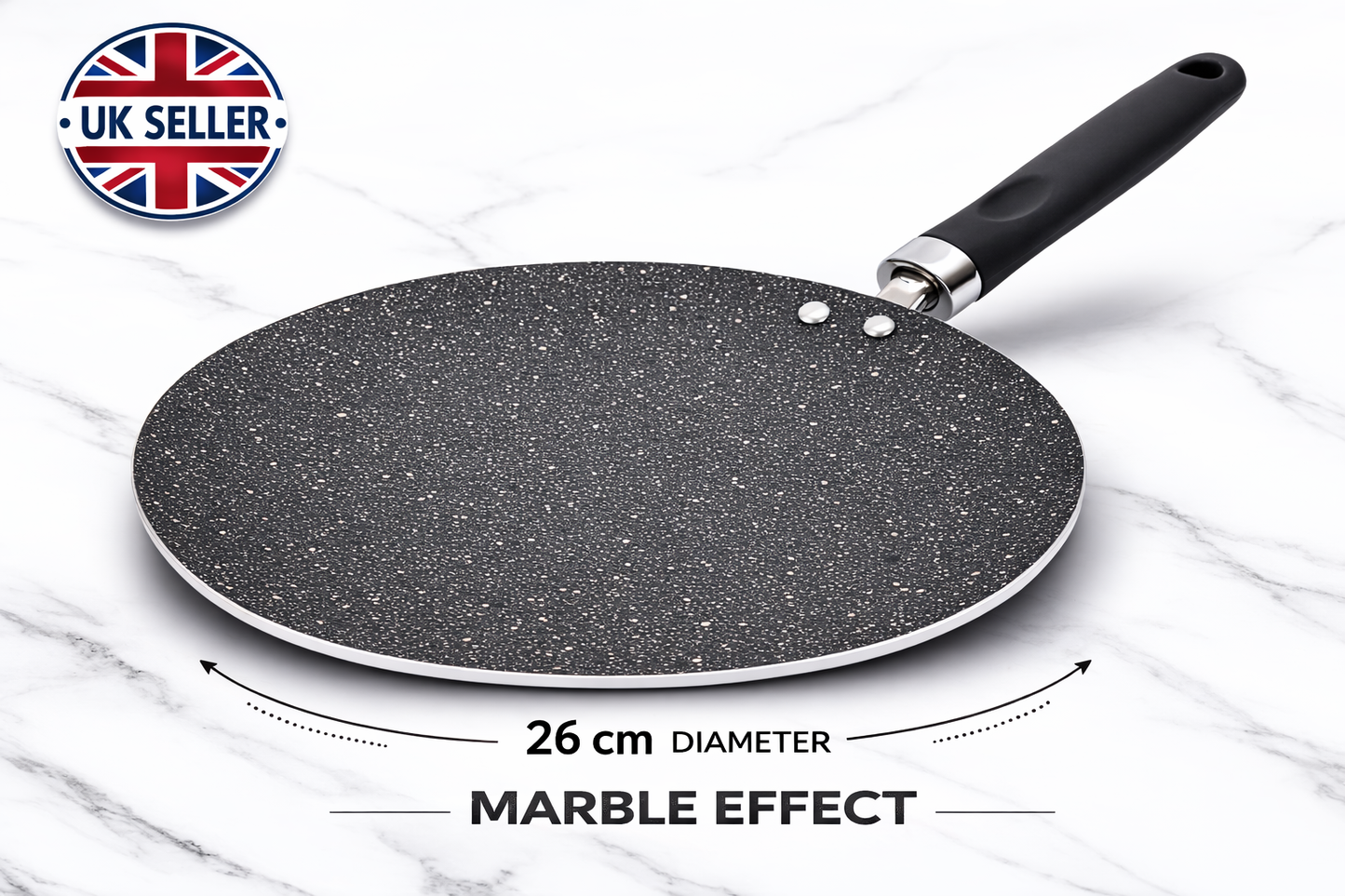 26cm & 30cm Marble Effect Non-Stick Tawa Crepe Pan – Reinforced Aluminium Concave Griddle with Stay-Cool Handle