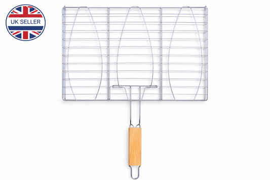 3 Fish BBQ Grill Basket with Wooden Handle – 11x11 Inch Stainless Wire Basket for Whole Fish & Vegetables