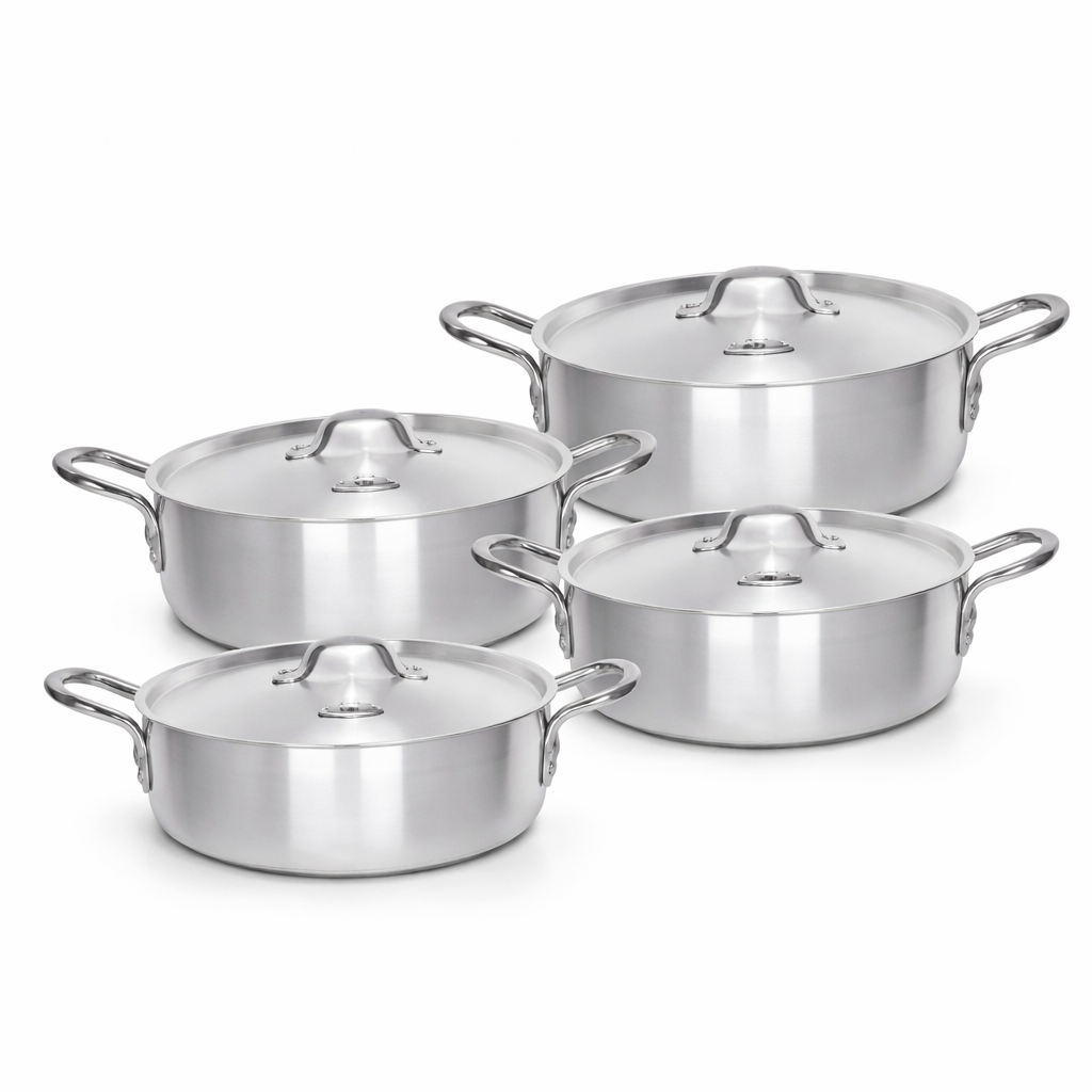 8 Piece (22-28cm) Polished Aluminium Fish Pot Set with Domed Lids & Loop Handles – 4 Graduated Deep Wide Pots, Stackable, Gas Ready – Family Size Cooking for Fish, Curry, Biryani & More