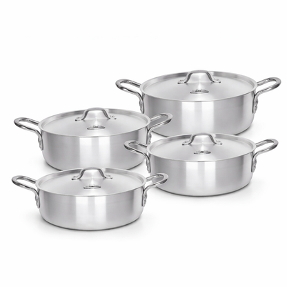 8 Piece (22-28cm) Polished Aluminium Fish Pot Set with Domed Lids & Loop Handles – 4 Graduated Deep Wide Pots, Stackable, Gas Ready – Family Size Cooking for Fish, Curry, Biryani & More