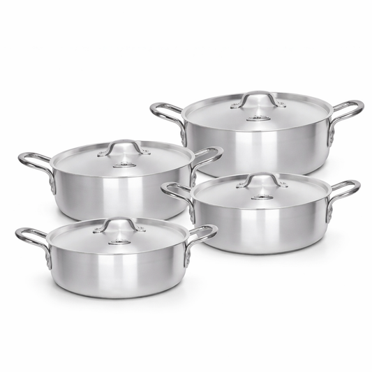 8 Piece (22-28cm) Polished Aluminium Fish Pot Set with Domed Lids & Loop Handles – 4 Graduated Deep Wide Pots, Stackable, Gas Ready – Family Size Cooking for Fish, Curry, Biryani & More