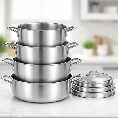 8 Piece (22-28cm) Polished Aluminium Fish Pot Set with Domed Lids & Loop Handles – 4 Graduated Deep Wide Pots, Stackable, Gas Ready – Family Size Cooking for Fish, Curry, Biryani & More