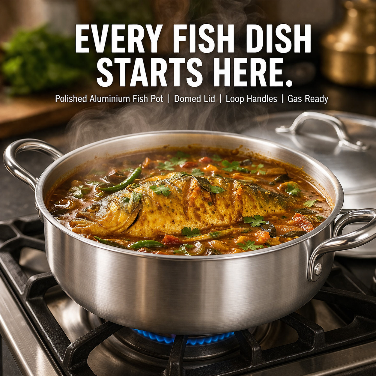 8 Piece (22-28cm) Polished Aluminium Fish Pot Set with Domed Lids & Loop Handles – 4 Graduated Deep Wide Pots, Stackable, Gas Ready – Family Size Cooking for Fish, Curry, Biryani & More