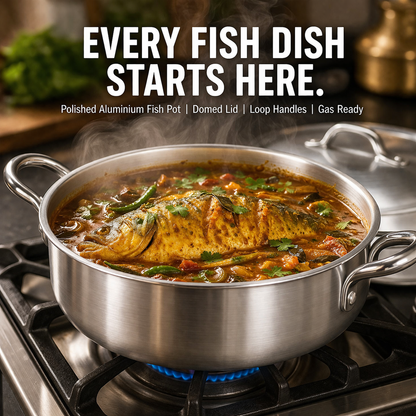 8 Piece (22-28cm) Polished Aluminium Fish Pot Set with Domed Lids & Loop Handles – 4 Graduated Deep Wide Pots, Stackable, Gas Ready – Family Size Cooking for Fish, Curry, Biryani & More