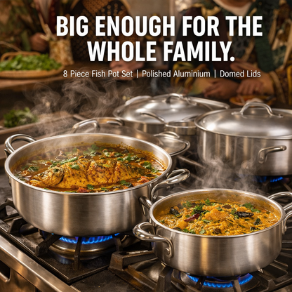 8 Piece (22-28cm) Polished Aluminium Fish Pot Set with Domed Lids & Loop Handles – 4 Graduated Deep Wide Pots, Stackable, Gas Ready – Family Size Cooking for Fish, Curry, Biryani & More