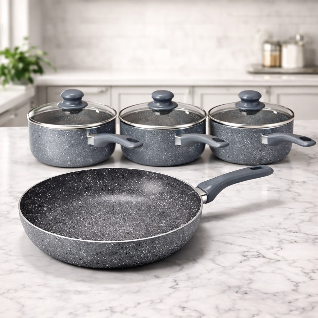 7 Piece Grey Marble Effect Non-Stick Cookware Set with Glass Lids – 3 Graduated Saucepans & 28CM Frying Pan, Soft Grip Handles, Induction Compatible – Complete Kitchen Pan Set