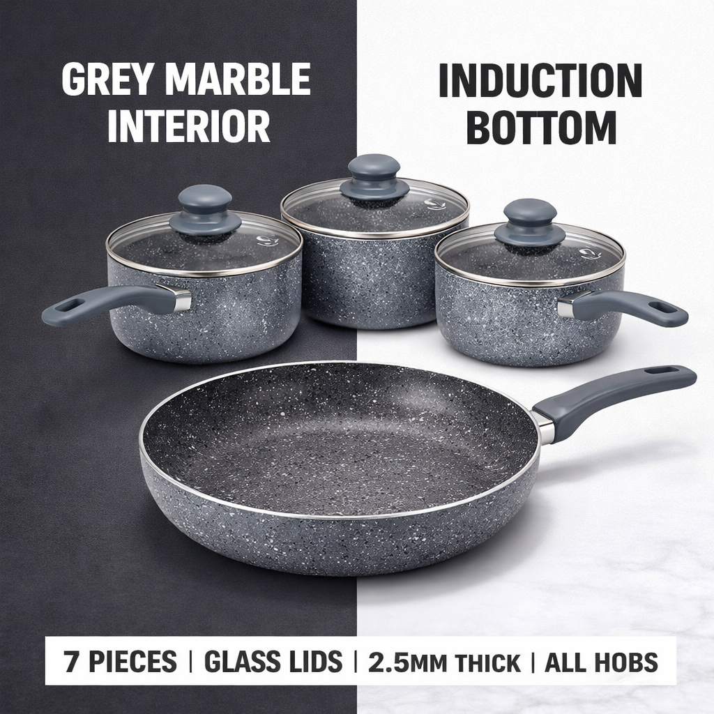 7 Piece Grey Marble Effect Non-Stick Cookware Set with Glass Lids – 3 Graduated Saucepans & 28CM Frying Pan, Soft Grip Handles, Induction Compatible – Complete Kitchen Pan Set