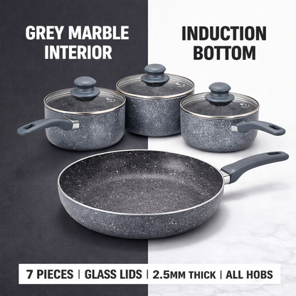7 Piece Grey Marble Effect Non-Stick Cookware Set with Glass Lids – 3 Graduated Saucepans & 28CM Frying Pan, Soft Grip Handles, Induction Compatible – Complete Kitchen Pan Set