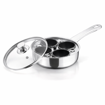 18CM Stainless Steel Egg Poacher Pan with 4 Non-Stick Inserts & Glass Lid – Removable Cup Tray, Steam Vent, Single Handle – Perfect Poached Eggs Every Time – Gas & Electric Hob