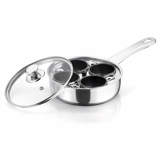 18CM Stainless Steel Egg Poacher Pan with 4 Non-Stick Inserts & Glass Lid – Removable Cup Tray, Steam Vent, Single Handle – Perfect Poached Eggs Every Time – Gas & Electric Hob
