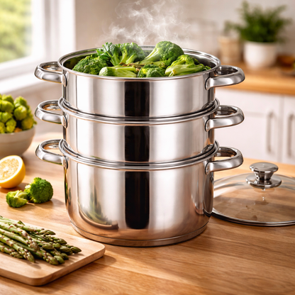 3 Tier Stainless Steel Steamer Pot Set with Glass Lid – Multi Layer Steam Cooker with Dual Handles, Mirror Polished, Healthy Oil-Free Cooking – Vegetables, Fish, Dumplings & More