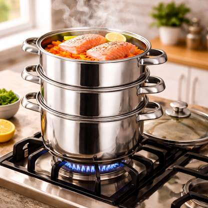 3 Tier Stainless Steel Steamer Pot Set with Glass Lid – Multi Layer Steam Cooker with Dual Handles, Mirror Polished, Healthy Oil-Free Cooking – Vegetables, Fish, Dumplings & More