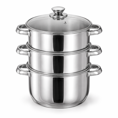 3 Tier Stainless Steel Steamer Pot Set with Glass Lid – Multi Layer Steam Cooker with Dual Handles, Mirror Polished, Healthy Oil-Free Cooking – Vegetables, Fish, Dumplings & More