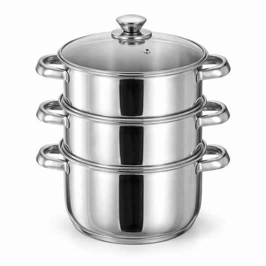 3 Tier Stainless Steel Steamer Pot Set with Glass Lid – Multi Layer Steam Cooker with Dual Handles, Mirror Polished, Healthy Oil-Free Cooking – Vegetables, Fish, Dumplings & More