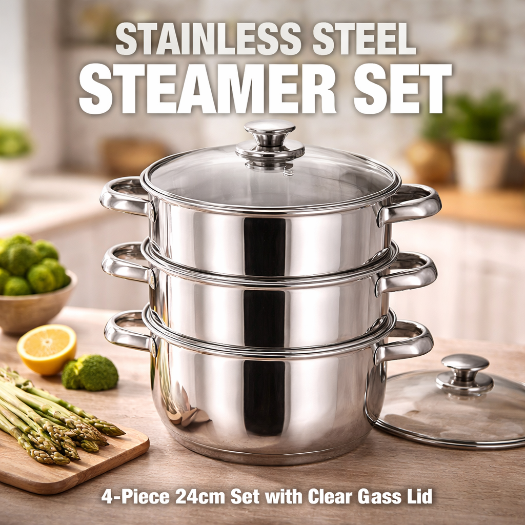 3 Tier Stainless Steel Steamer Pot Set with Glass Lid – Multi Layer Steam Cooker with Dual Handles, Mirror Polished, Healthy Oil-Free Cooking – Vegetables, Fish, Dumplings & More