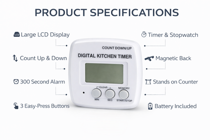 Digital Kitchen Timer with Count Down & Count Up – LCD Display Memory Function Timer for Cooking & Baking
