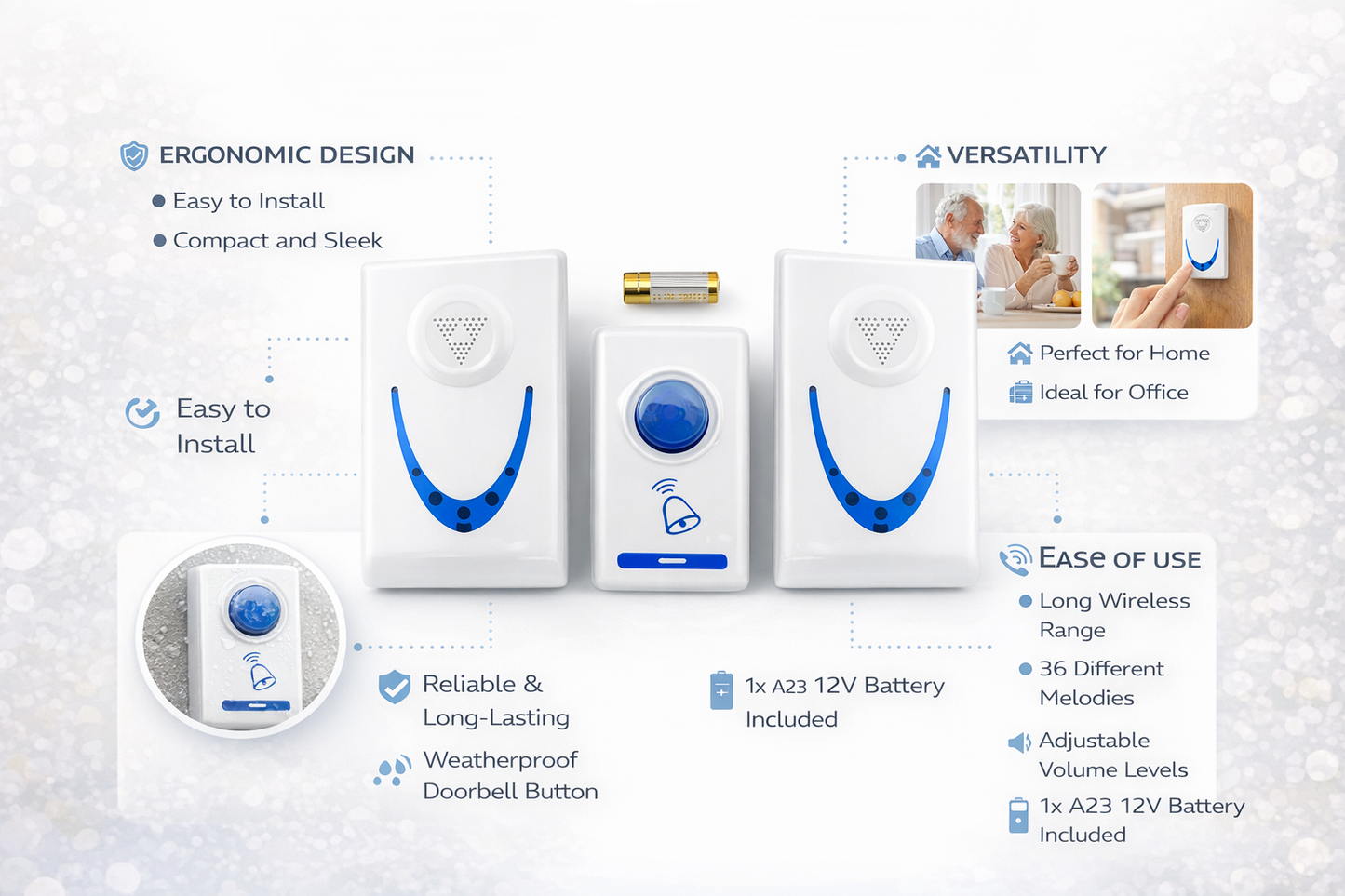Wireless Doorbell Set with 2 Receivers & Push Button – Battery Operated Door Bell Kit for Home & Office Use