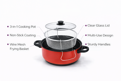 3 in 1 Non-Stick Deep Fryer Cooking Set with Frying Basket & Glass Lid – 5 Quart Steamer Cooker & Fryer Pan