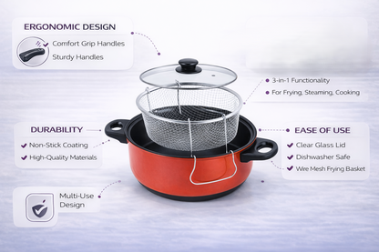 3 in 1 Non-Stick Deep Fryer Cooking Set with Frying Basket & Glass Lid – 5 Quart Steamer Cooker & Fryer Pan
