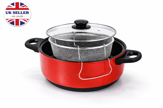 3 in 1 Non-Stick Deep Fryer Cooking Set with Frying Basket & Glass Lid – 5 Quart Steamer Cooker & Fryer Pan