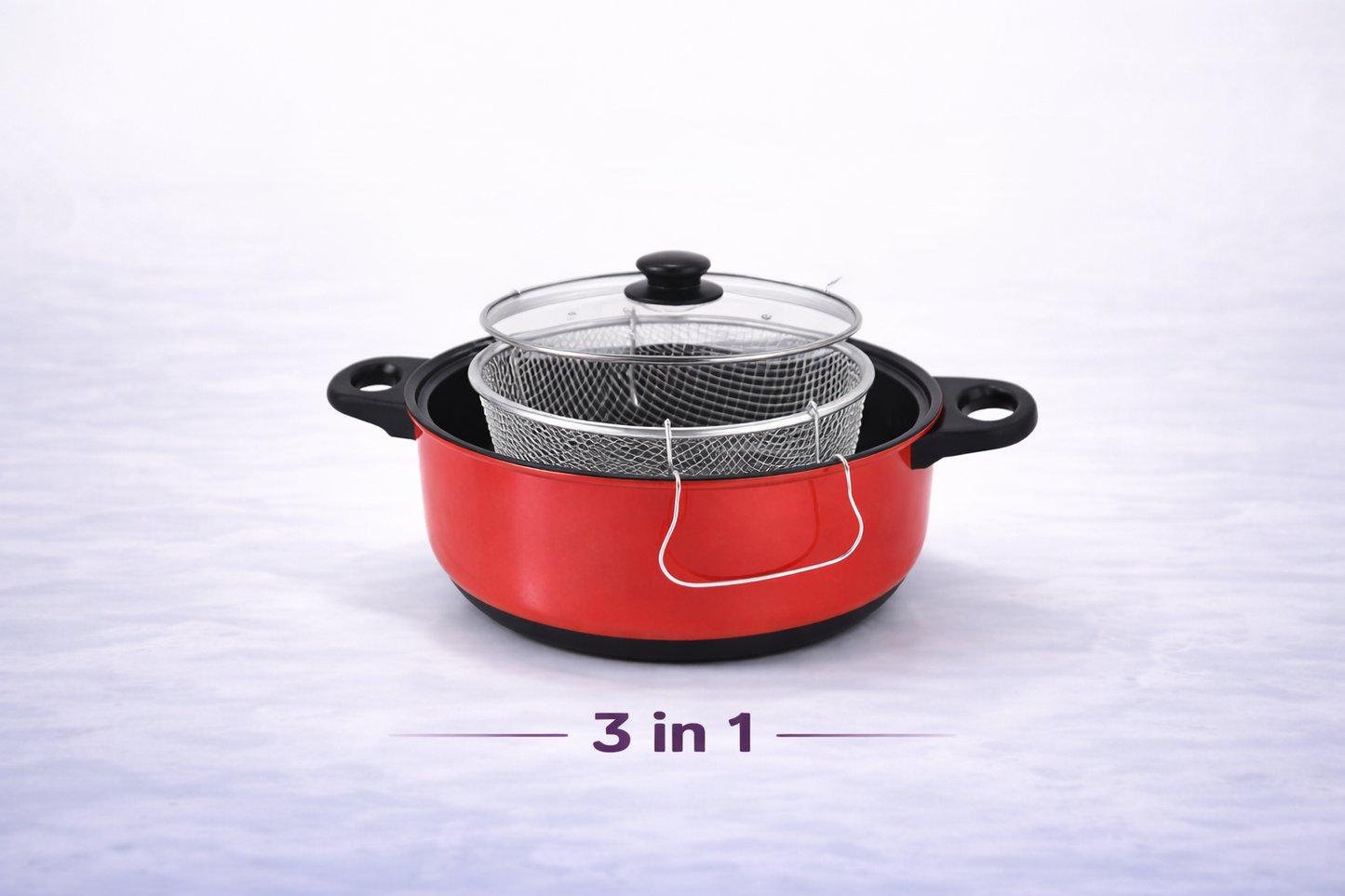 3 in 1 Non-Stick Deep Fryer Cooking Set with Frying Basket & Glass Lid – 5 Quart Steamer Cooker & Fryer Pan