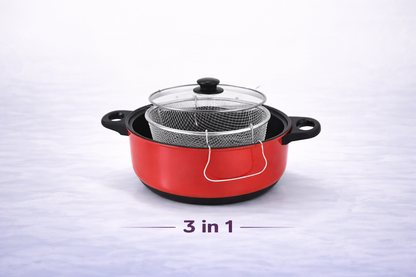 3 in 1 Non-Stick Deep Fryer Cooking Set with Frying Basket & Glass Lid – 5 Quart Steamer Cooker & Fryer Pan