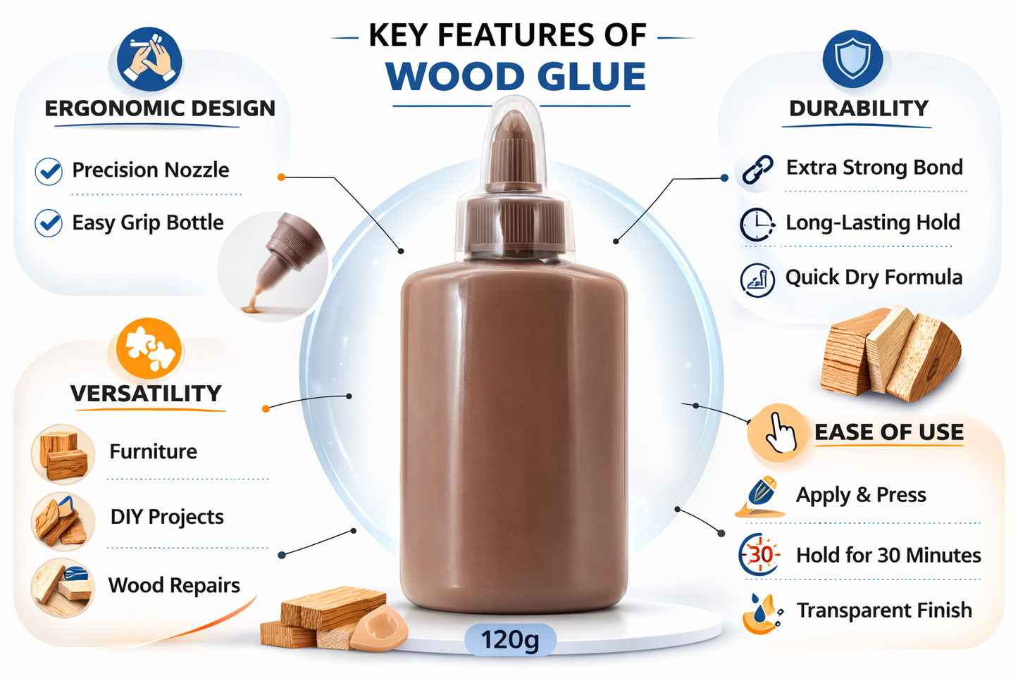 Extra Strong Non-Toxic Wood Glue 120g – Fast Bond Transparent Dry Formula for Household Repairs & Woodcraft Projects