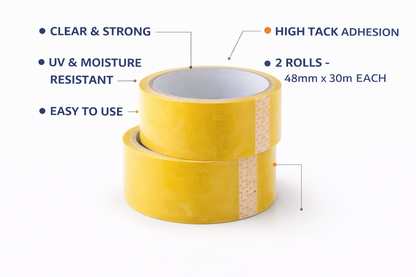 Clear Packing Tape 2 Roll Pack – 48mm x 30m Strong Adhesive Tape for Boxes Parcels & Moving House