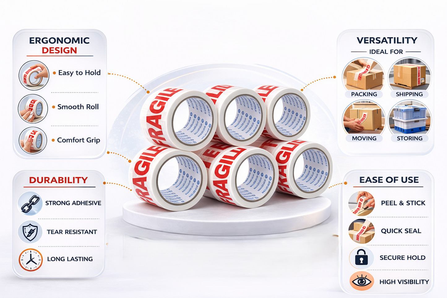 Fragile Packing Tape 6 Roll Pack – 48mm x 50m Strong Printed Adhesive Tape for Parcels Boxes & Fragile Items