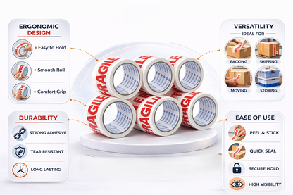 Fragile Packing Tape 6 Roll Pack – 48mm x 50m Strong Printed Adhesive Tape for Parcels Boxes & Fragile Items