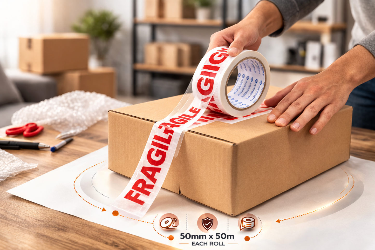 Fragile Packing Tape 6 Roll Pack – 48mm x 50m Strong Printed Adhesive Tape for Parcels Boxes & Fragile Items