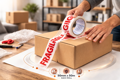 Fragile Packing Tape 6 Roll Pack – 48mm x 50m Strong Printed Adhesive Tape for Parcels Boxes & Fragile Items