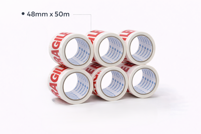 Fragile Packing Tape 6 Roll Pack – 48mm x 50m Strong Printed Adhesive Tape for Parcels Boxes & Fragile Items