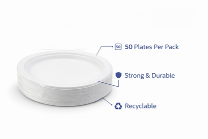 50 Pack 10 Inch White Eco Friendly Disposable Plates – Heavy Duty 26cm Sugarcane Plates for Parties & BBQs