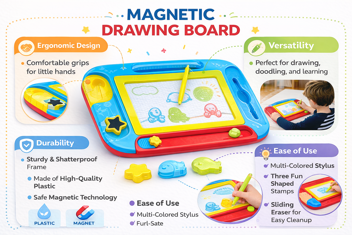 Kids Magnetic Drawing Board with Stamps – Mess Free Doodle & Sketch Pad Toy for Toddlers & Young Children