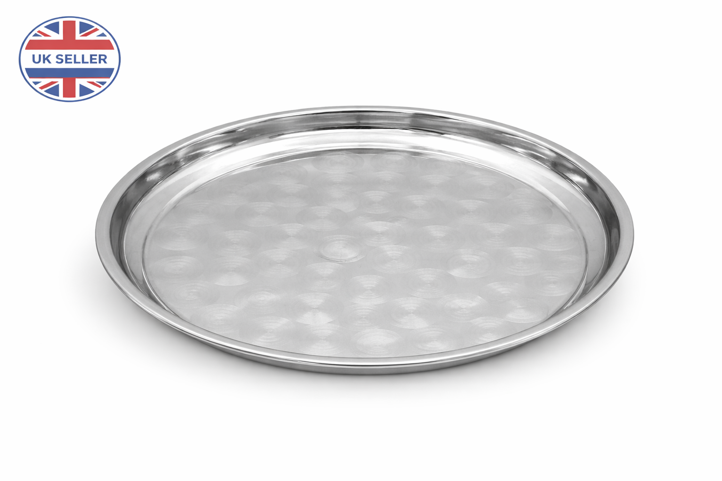 Stainless Steel Round Serving Tray – Choose 30cm 35cm 40cm or 45cm Mirror Polished Raised Rim Hammered Base Dishwasher Safe