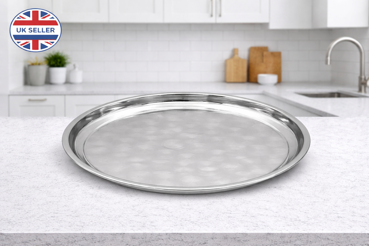 Stainless Steel Round Serving Tray – Choose 30cm 35cm 40cm or 45cm Mirror Polished Raised Rim Hammered Base Dishwasher Safe