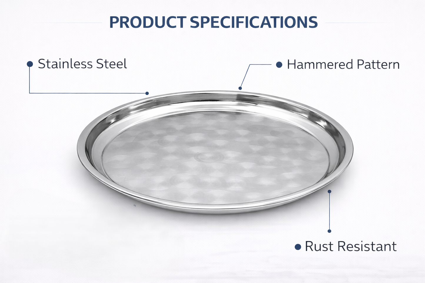 Stainless Steel Round Serving Tray – Choose 30cm 35cm 40cm or 45cm Mirror Polished Raised Rim Hammered Base Dishwasher Safe